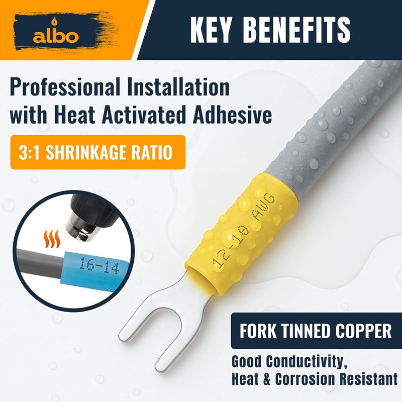 ALBO 150PCS Yellow Heat Shrink Fork Spade Connectors #10 – 12-10 AWG Tinned Copper Terminals, Waterproof Wire Crimp Kit for Automotive, Marine, Speaker & Electrical Wiring - Image 4